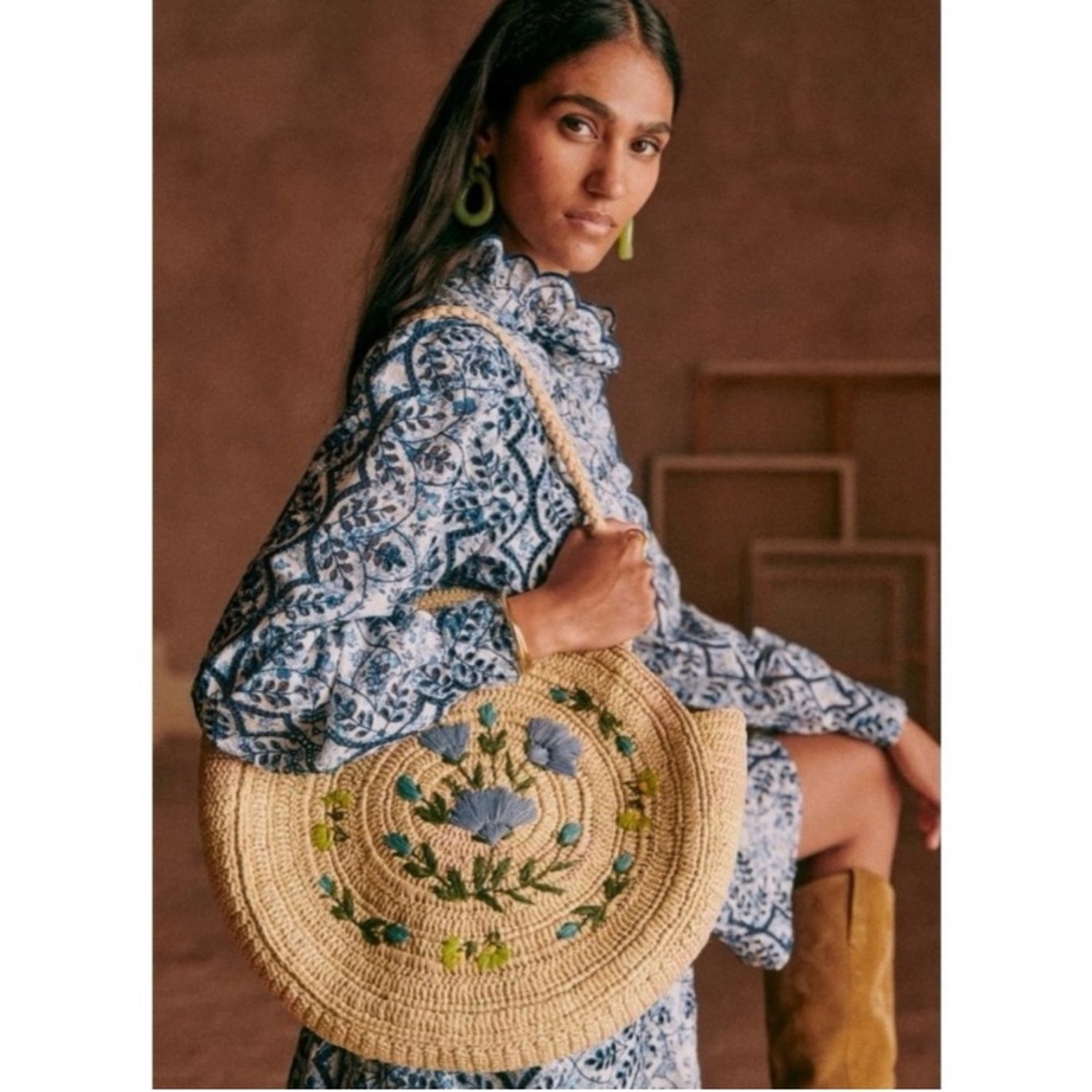 ISO Sezane Basket June Raffia Tote Embroidered